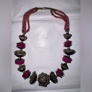 Pink Beaded Statement Necklace with Antique Silver Accents